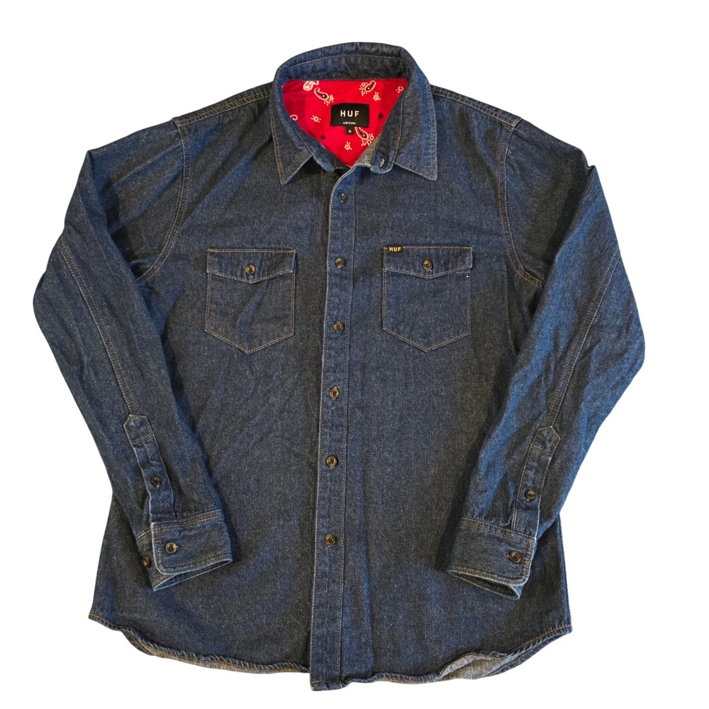 HUF Mens Denim Button Down Shirt Small Dark Wash Red Paisley Bandana Lining L/S